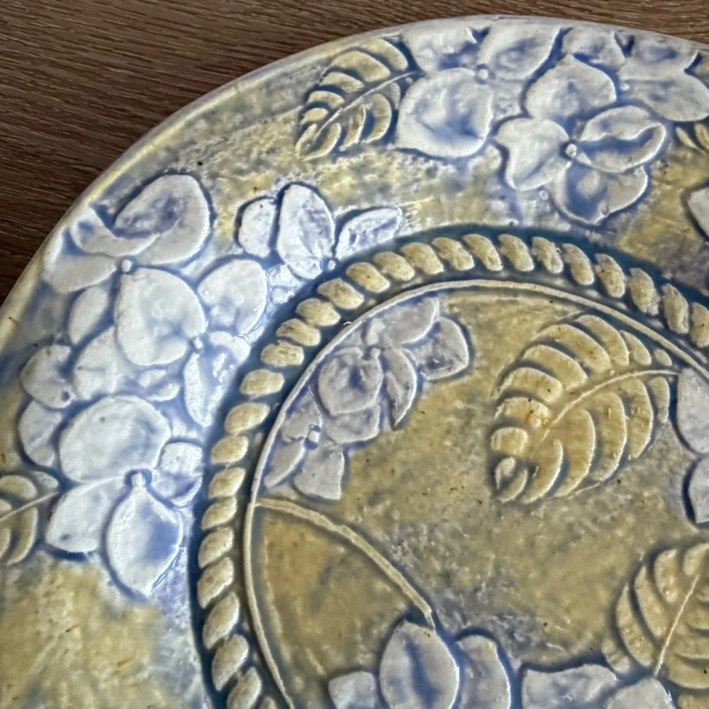 Handmade Studio Pottery Hydrangea Floral Relief Plate Blue Yellow Green 9.25